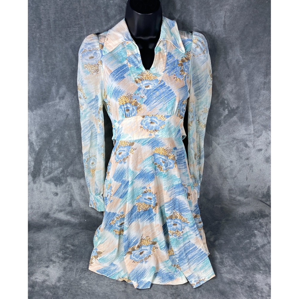 Vintage 1970s Floral Dress Size Small Blue Pink Sheer Sleeve Prairie Boho USA